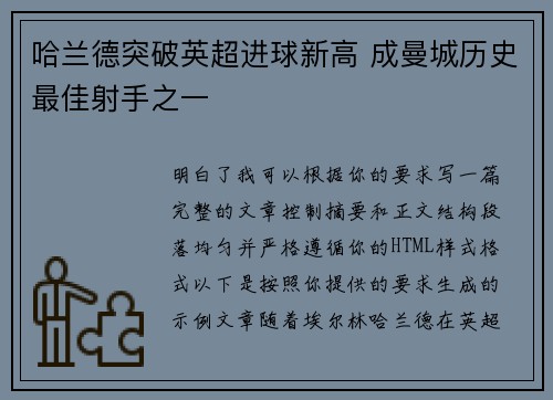 哈兰德突破英超进球新高 成曼城历史最佳射手之一